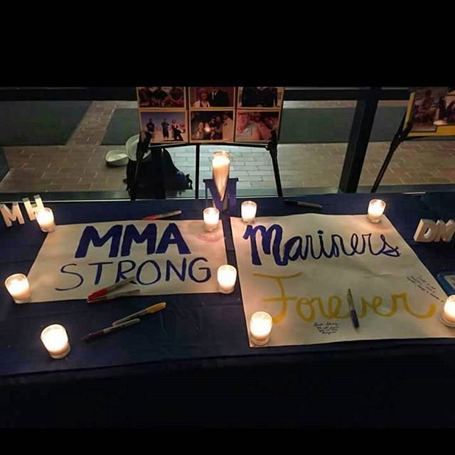 The students of the Maine Maritime Academy held a vigil for their peers aboard El Faro yesterday, 10/6 at the Alfond student center.  This picture, taken by Emine Mutlu shows a table adorned with candles, pictures of those lost at sea and a poster where people could write their thoughts and prayers. 

Link: https://instagram.com/p/8hPfpyzMgF/
Courtesy: Emine Mutlu

Instagram Notes:
Send your thoughts and prayers to the families and crew members of El Faro tonight #meklinstrong #wearemariners
emineroseYES #cnnireport My Name is Emine Mutlu and this picture was taken at the Alfond student center of Maine Maritime Academy