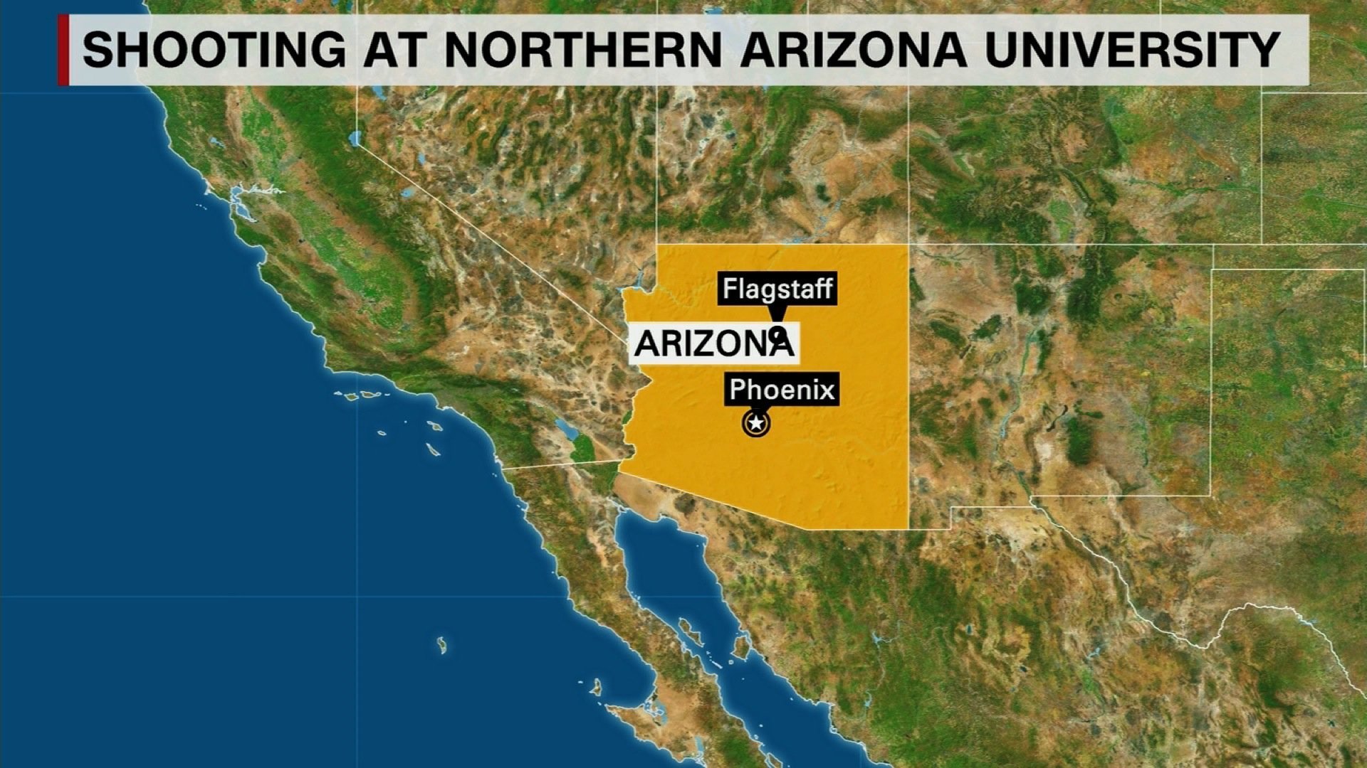 Map of Arizona that pinpoints Flagstaff as well as the capital Phoenix fonted Shooting at Northern Arizona University.