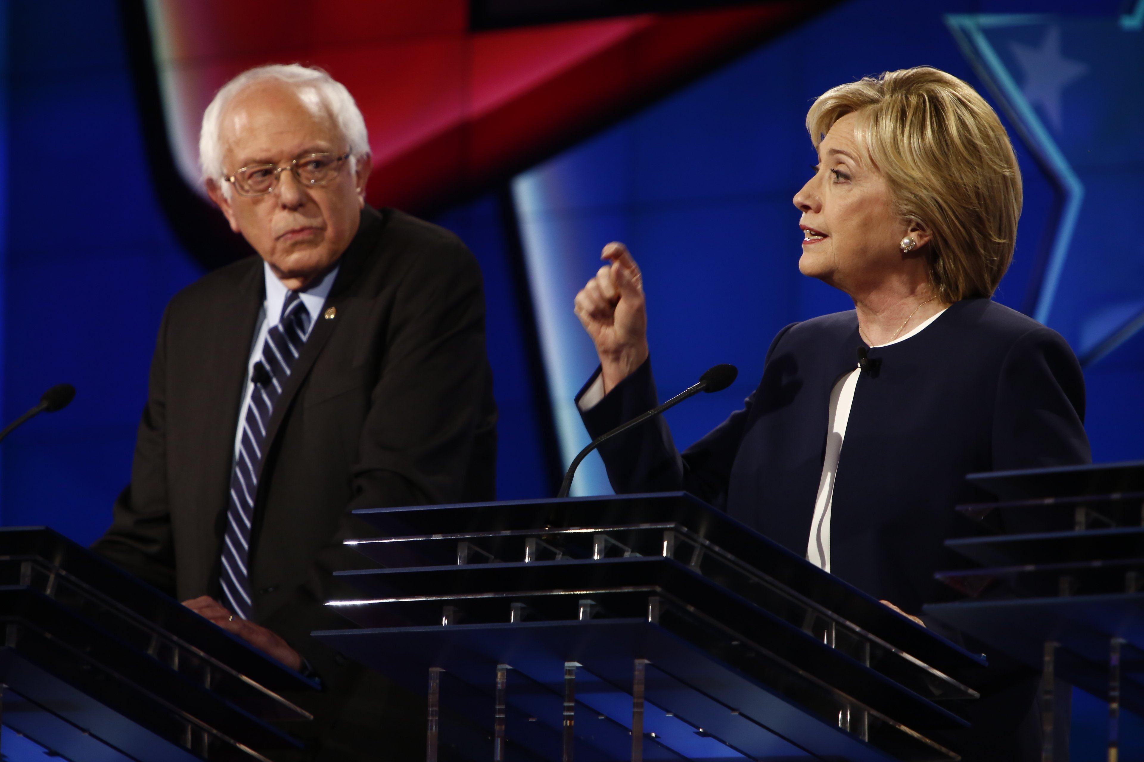 Bernie Sanders and Hillary Clinton at the CNN Democratic Debate at the Wynn Hotel in Las Vegas, Tuesday, October 13, 2015.