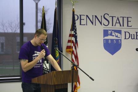 Penn State DuBois Veterans Club Vice President Anthony Halm thanked fellow veterans for their service during Veterans Day ceremonies in the student union Wednesday. (Provided photo)