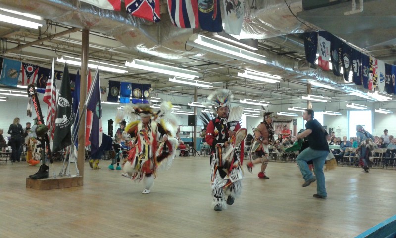 Dancers in Native American regalia participate in the 16th annual Veteran's Day Pow Wow, held at the Expo II building in the Clearfield Driving Park. The event is held each year on the weekend of Veteran's Day to honor those who have served and are presently serving in the United States military. (Photo by Kimberly Finnigan)