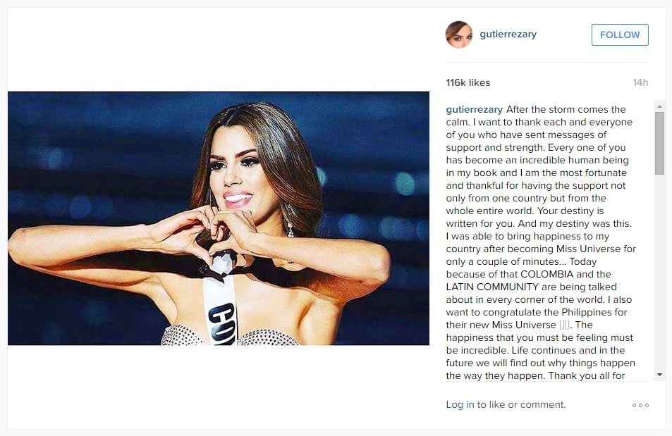 Ariadna Gutierrez, the Miss Universe contestant mistakenly crowned on live television, thanked fans for their support and encouragement in an message posted to Instagram on Tuesday, December 22, 2015.