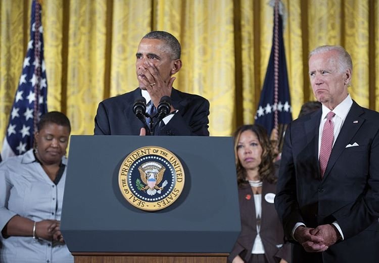 President Barack Obama grew emotional Tuesday as he made a passionate call for a national "sense of urgency" to limit gun violence. He was introduced by Mark Barden, whose son Daniel was killed in the 2012 massacre at Sandy Hook Elementary School in Connecticut. Obama circled back to that shooting in the final moments of his speech.