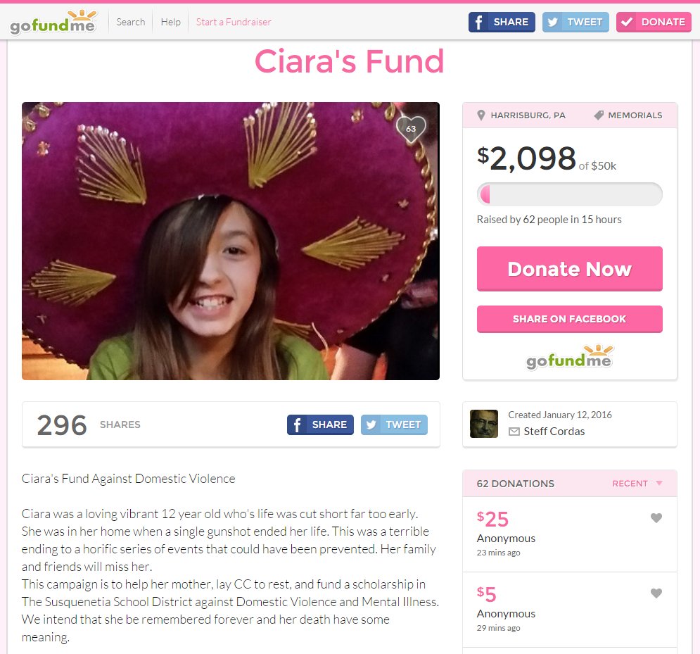 A Go Fund Me page has been set up for 12-year-old Ciara who was shot dead.