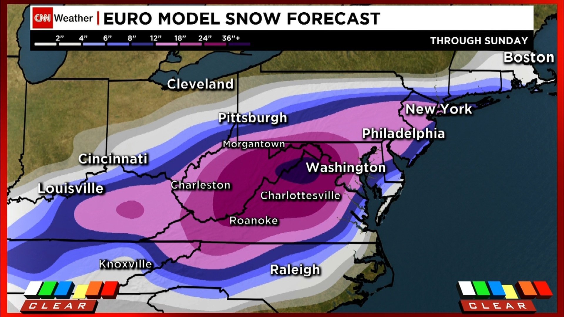 Washington, D.C., is forecast to start getting snow late Friday afternoon and then get hit hard that night, when 10 to 14 inches of snow could fall. Another 9 to 13 inches is possible Saturday before the precipitation wraps up sometime after midnight. The snow will be accompanied by sustained winds of up to 30 mph and gusts of 10 or more miles per hour stronger than that.