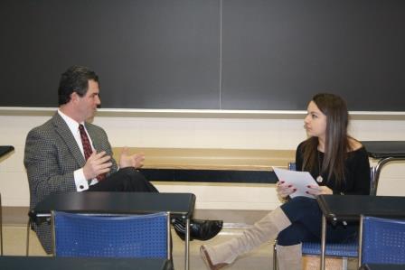 Local entrepreneur Peter Varischetti shares advice for finding success in the business world while being interviewed by Penn State DuBois business student Domenica DeSantis.  (Provided photo)