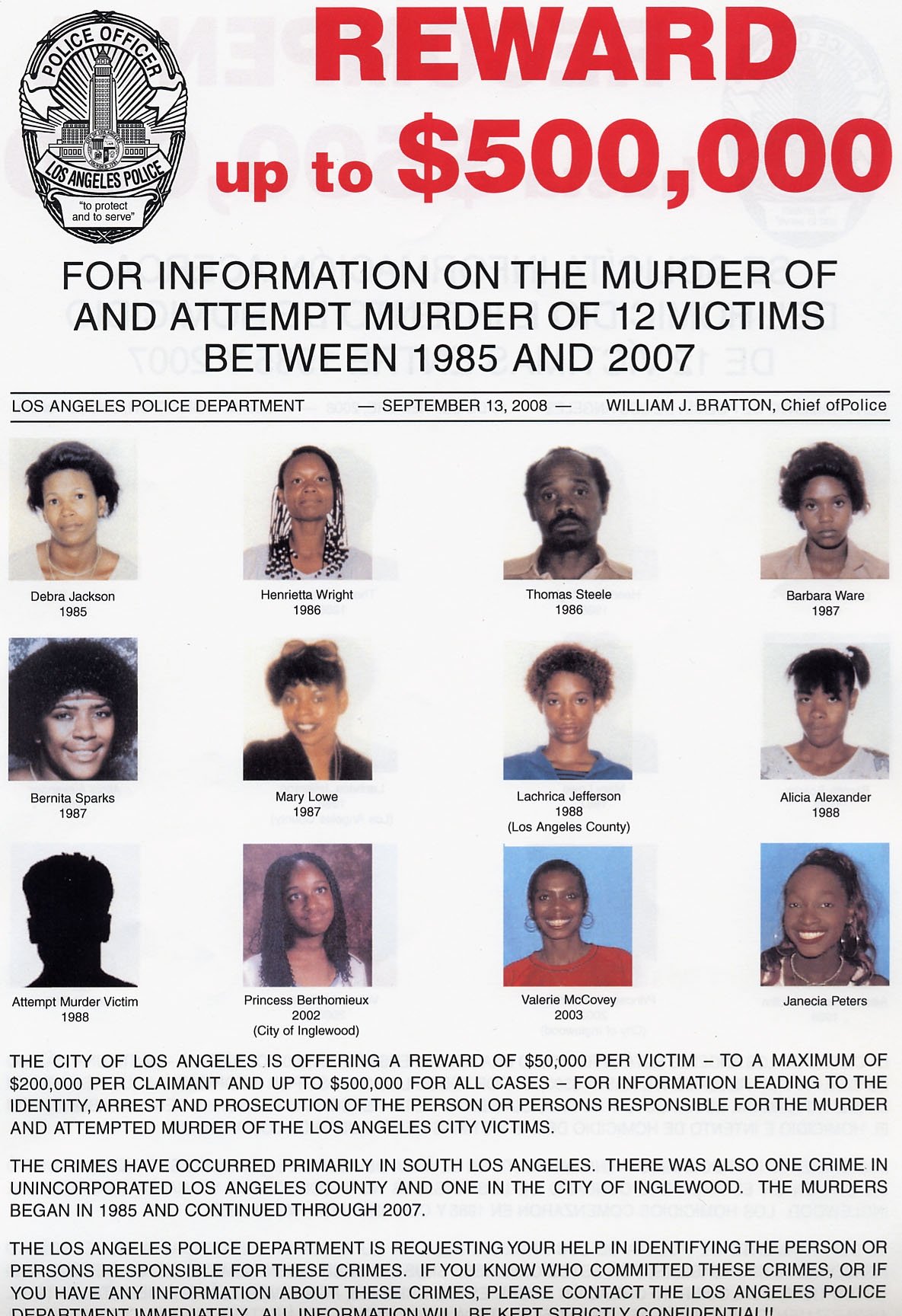 This is the reward poster provided by the LAPD for the Grim Sleeper. Lonnie David Franklin Jr. is accused of being the Los Angeles-area serial killer known as the Grim Sleeper.