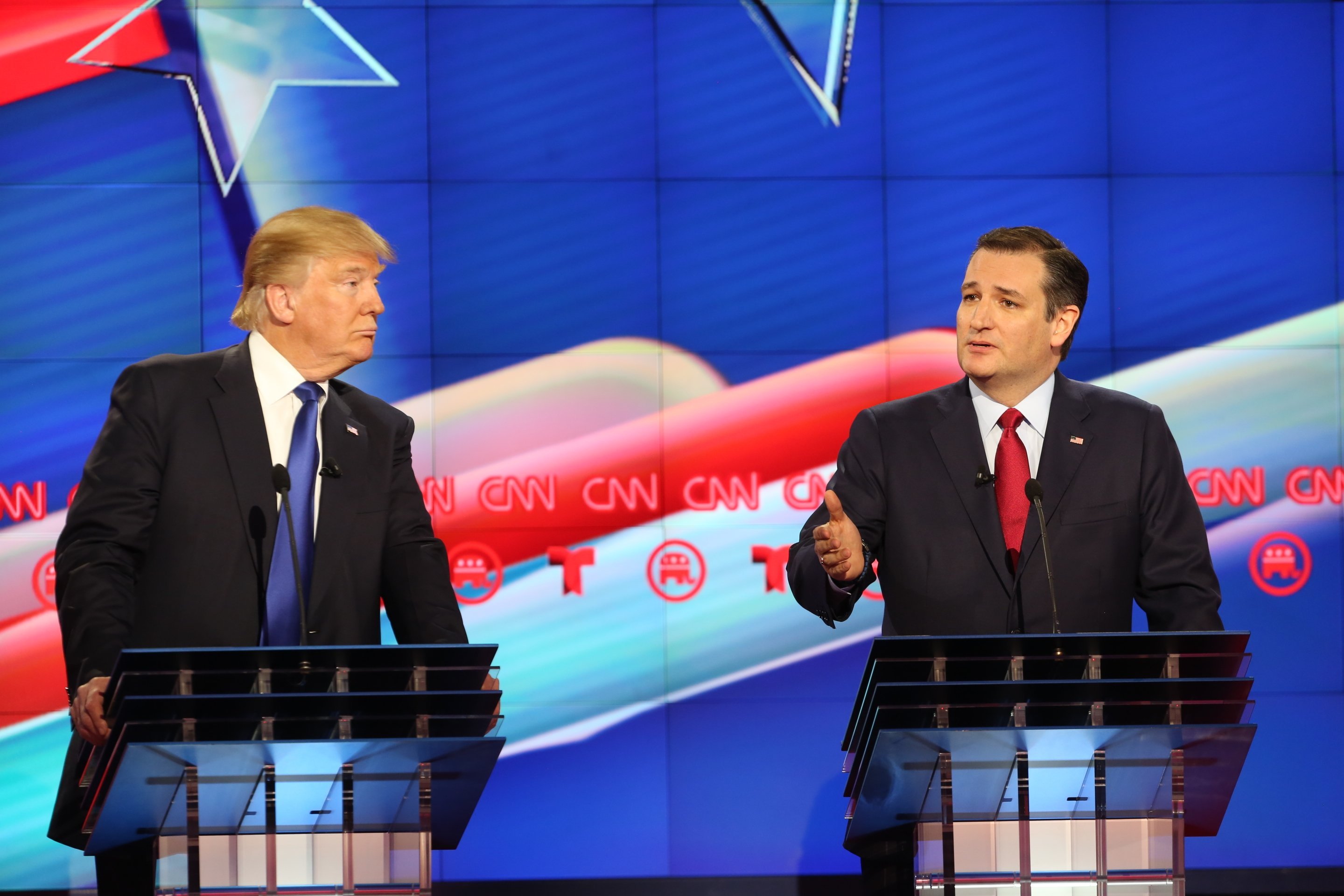 Donald Trump and Ted Cruz at the CNN GOP presidential debate in Houston, Texas on February 25, 2016.