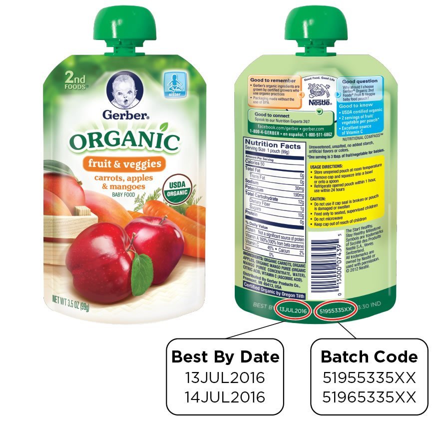 Gerber Products Company is voluntarily recalling two organic baby foods because a packaging defect may make them susceptible to spoilage during transport and handling, the U.S. Food and Drug Administration and the company said Thursday. Two kinds of Gerber Organic 2nd Foods Pouches are being recalled: One is Pears, Carrots and Peas and the other is Carrots, Apples and Mangoes, the company said.