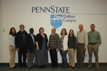 Alt is pictured with past and present faculty members from the campus Wildlife Technology Program as well as Umbaugh Lecture Organizers.  Left to right are Carrie O'Brien, Hoagy Schaadt, Umbaugh Lecture Chair Daudi Waryoba, Keely Roen, Alt, Sara Mueller, Emily Thomas, Joe Hummer, and Aaron Stottlemyer. (Provided photo)