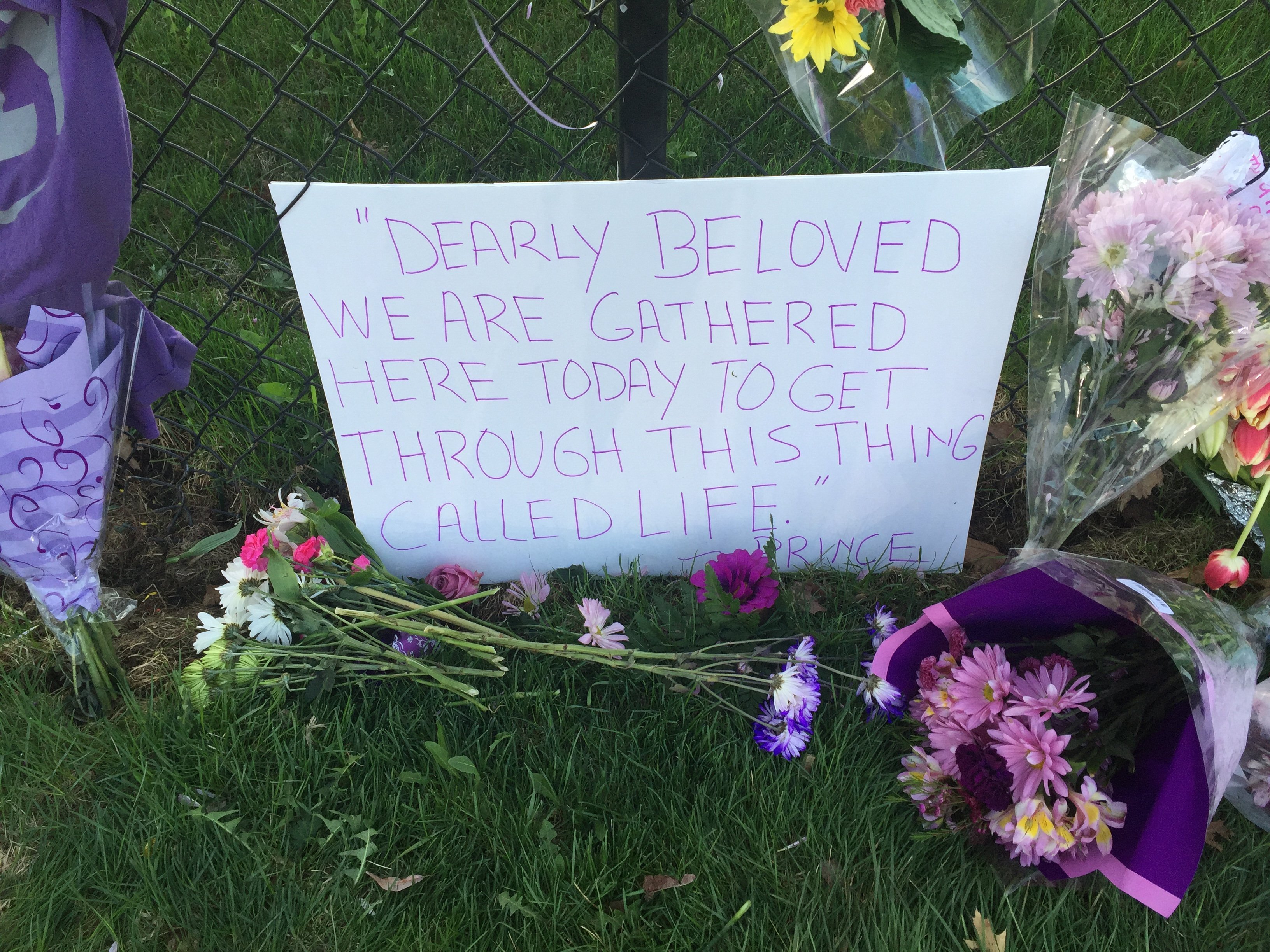Fans gather at the growing memorial outside Prince's Paisley Park home and studio.