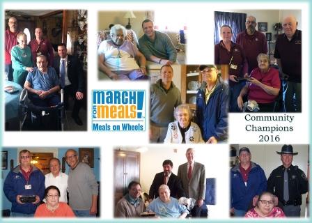 (Left to right - clockwise): Pic 1 - Meals Driver Robbie Moore, Edith Fridley, Meals Driver Ruby Wertz, Charles Fridley and Gabler; Pic 2 – Harriet Morgan and Sankey; Pic 3 –Sankey, Betty Rodkey, and Meals Driver Jody Kerin; Pic 4 – Meals Driver Ruby Wertz and Robbie Moore, Frances Hand and Gilbert; Pic 5 – Meals Driver Jody Kerin, Frances “Karen” Litz and Churner; Pic 6 – McCracken, Linda Bloom, Scotto and Sobel; Pic 7 – Meals Driver Jody Kerin, Beryl and Ed Nishida and Schell. (Provided photo)