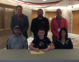 Left to right front. Eldon McClarren,  Josiah McClarren, Stacey Gilbert. Back. Tim Janocko, principal,  Jeff Aveni, Head Wrestling Coach, Robert Gearhart, Athletic Director