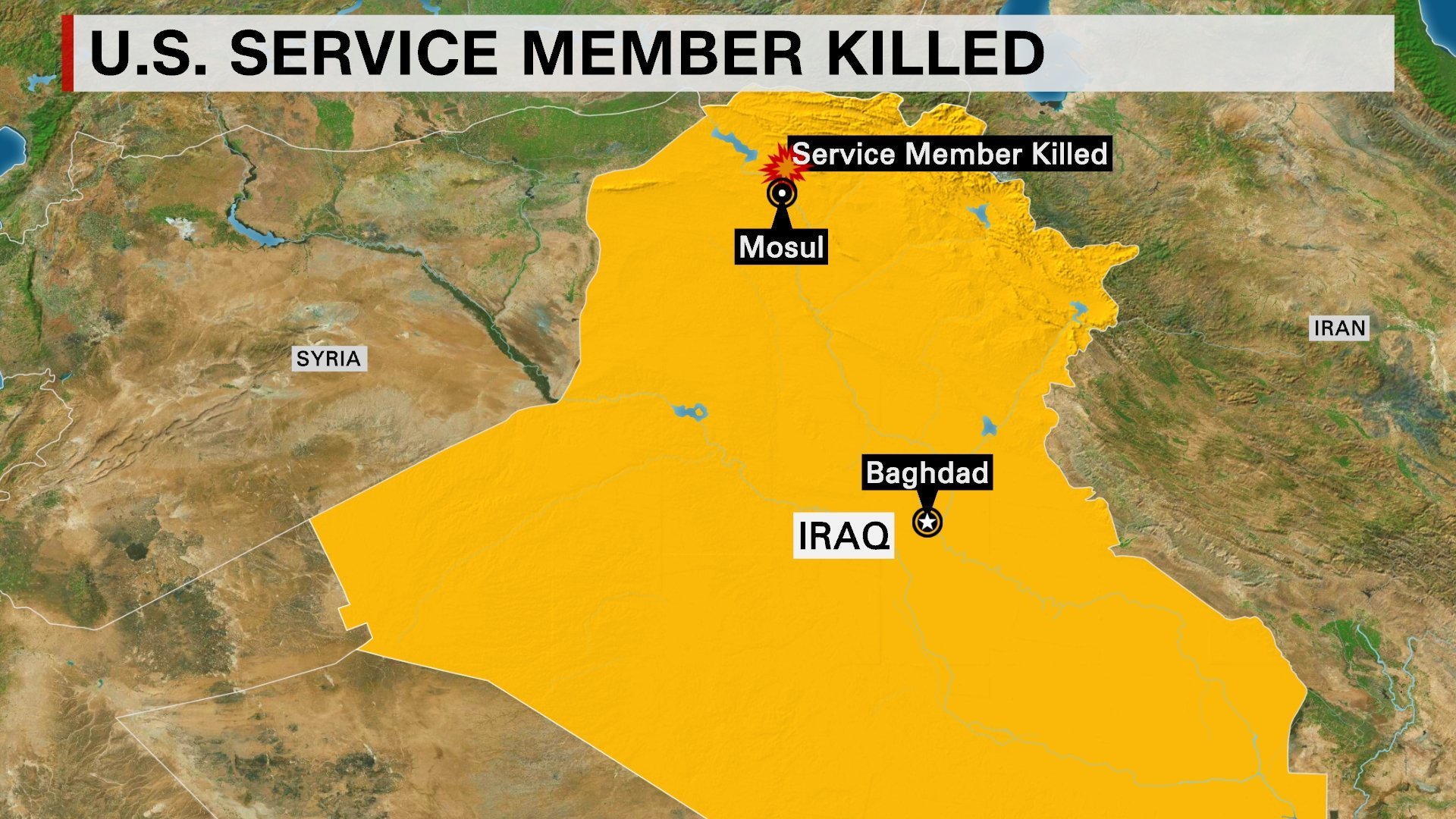 An American service member was killed in Iraq as a result of enemy fire about thirty kilometers north of Mosul, Pentagon officials confirmed Tuesday. The person was an adviser to Kurdish Peshmerga forces that are fighting ISIS. The U.S. responded with an F15s and drones.