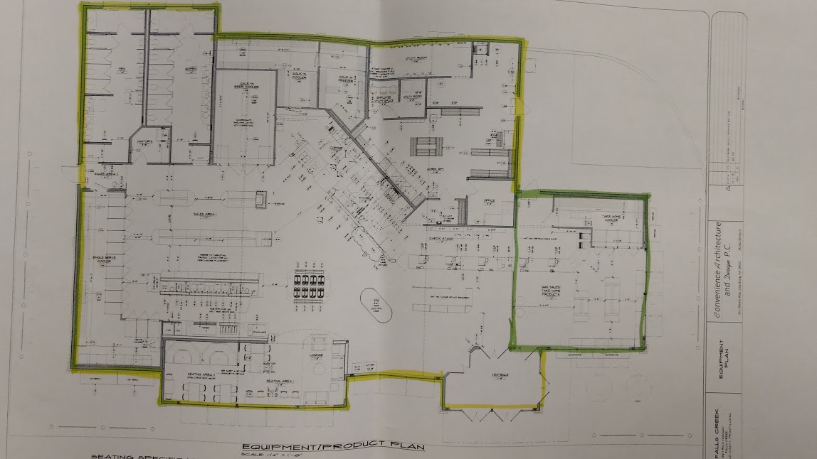 Shown is a layout of the Sheetz store that’s undergoing renovation near Falls Creek. The yellow highlighted area will be the restaurant while the green highlighted area will be the convenience store area.