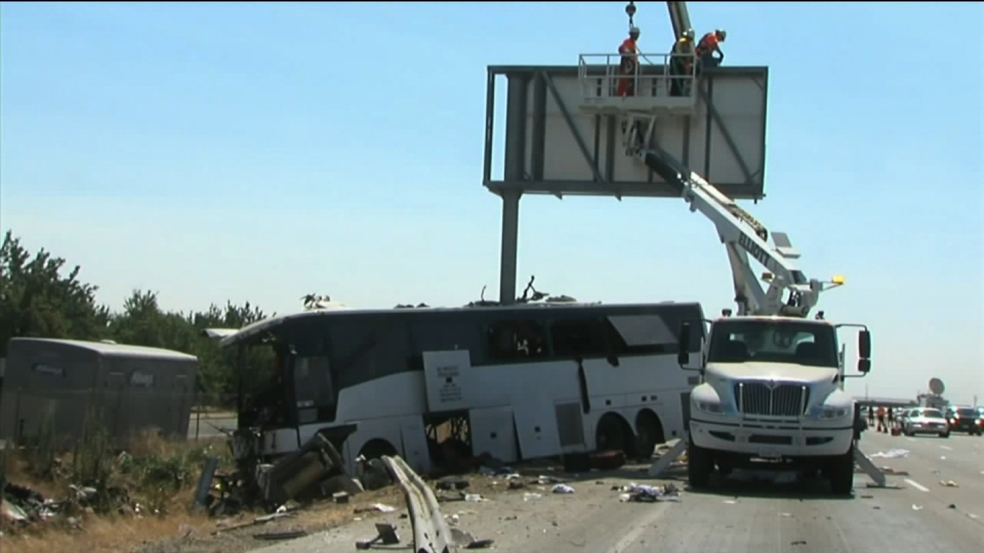 **Embargo: Sacramento-Stockton-Modesto, CA**

A bus nearly split in half after plowing into a sign pole on a California highway on August 2, 2016, killing five people aboard and closing the road for hours as authorities investigated the deadly crash.