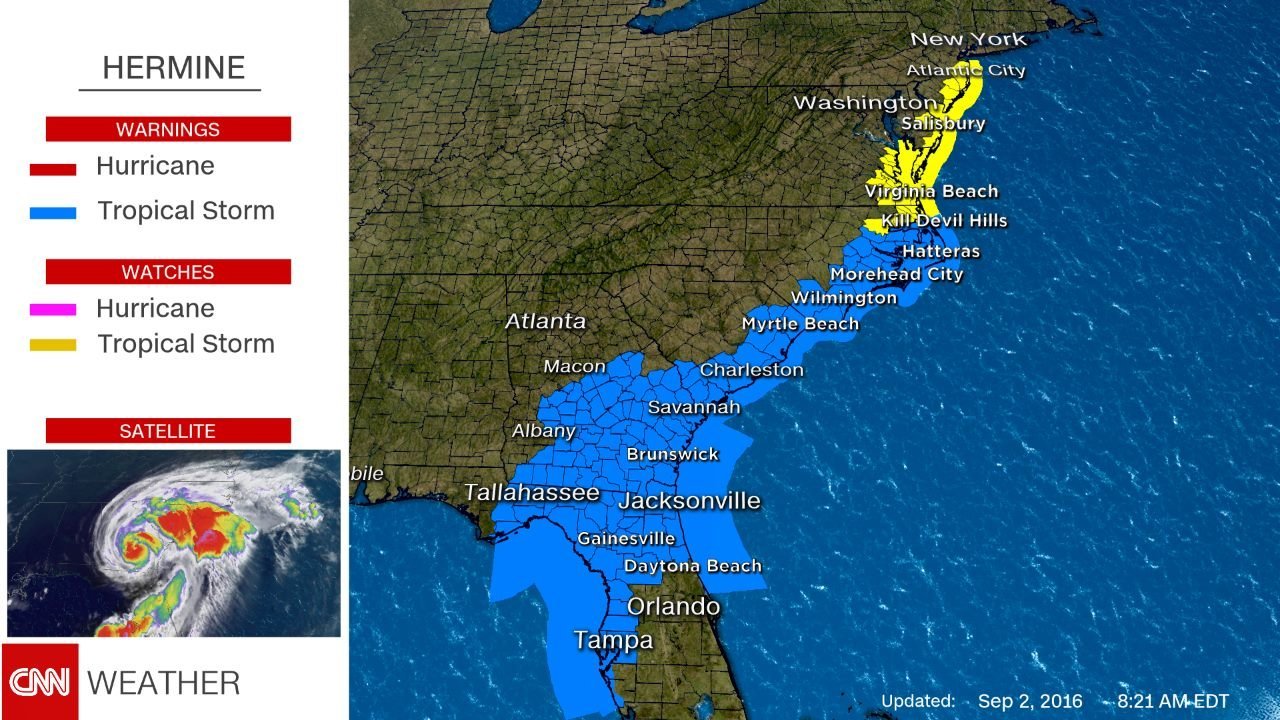 Hours after Hurricane Hermine made landfall in Florida, the weakened storm is now working its way up the East Coast.