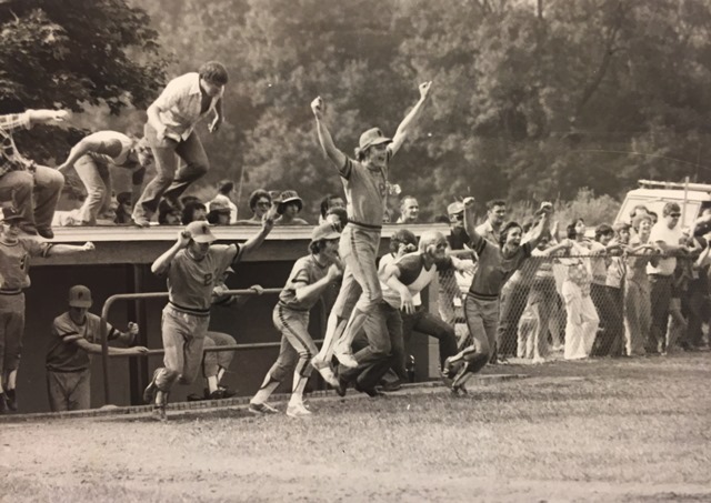 The Philipsburg dugout explodes after a 10-1 victory over Eastern York for the State Championship of the VFW Teener League at Huntingdon on Fri. Aug. 13, 1976.  The coach?  Keno Beezer. (Provided photo)