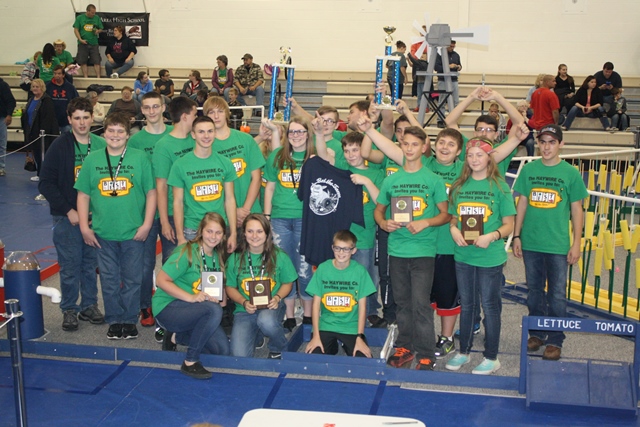 Members of the DuBois Area High School Team hoist their trophy in celebration of taking First Place in the BEST Robotics Competition at Penn State DuBois on Saturday.  They'll advance to BEST Regional Championships to be held Dec. 1-3, at North Dakota State University. (Provided photo)