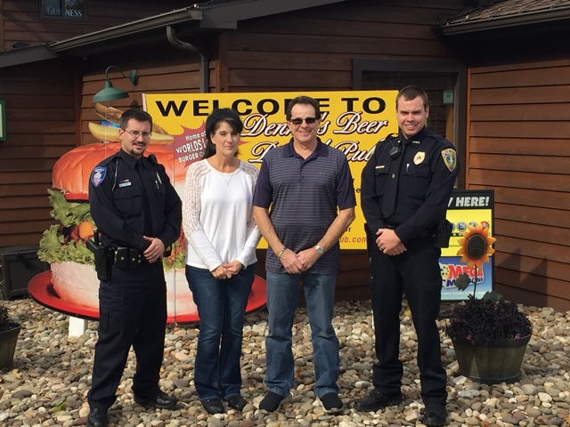 Shawn, from left, are Patrolman Nathan Curry, Clearfield Borough police, DUI Coordinator; Jean Leigey, owner of Denny’s Beer Barrel Pub; Denny Leigey, owner of Denny’s Beer Barrel Pub; and Patrolman Elliott Neeper, Lawrence Township police. (Provided photo)