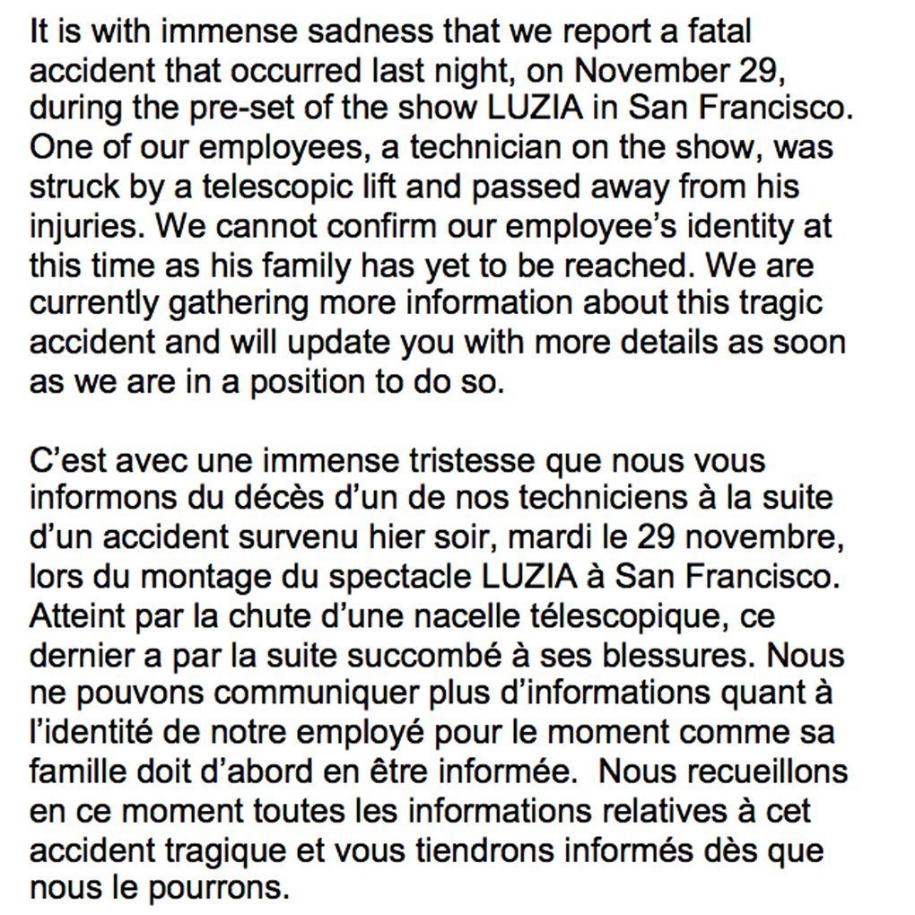 A technician working on Cirque du Soleil's "Luzia" show in San Francisco was struck by a lift and died from his injuries on Tuesday Novmeber 30, 2016 night, according to a statement from the performance company.