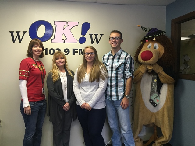 Shown, left to right, are: Dawna Wheeler, Curwensville High School Driver’s Ed Teacher; Yvonne Lehman, president/sales manager of WOK!W; Chole Tubbs and Tristen Bressler; and the WOK!W lion mascot. (Provided photo)