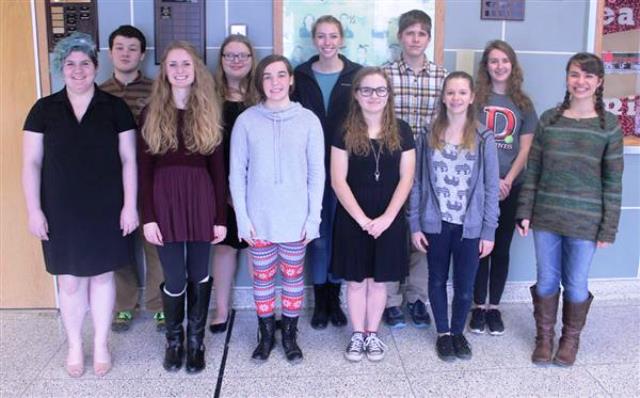 Shown are the participants in the DuBois Area High School Poetry Out Loud Contest. Front row, from left, are Kaya Hayward, Lindsey Hewitt, Allison Benn, Jacquelyn Spicher and Maddy Cable. Back row, from left, are Jared Beard, Alexis Maze, Samantha Vida, Cole Shultz, Grace McVay and Sylvia Rensel. Spicher won the DAHS contest and will advance to the regional competition in State College on Feb. 7. (Provided photo)