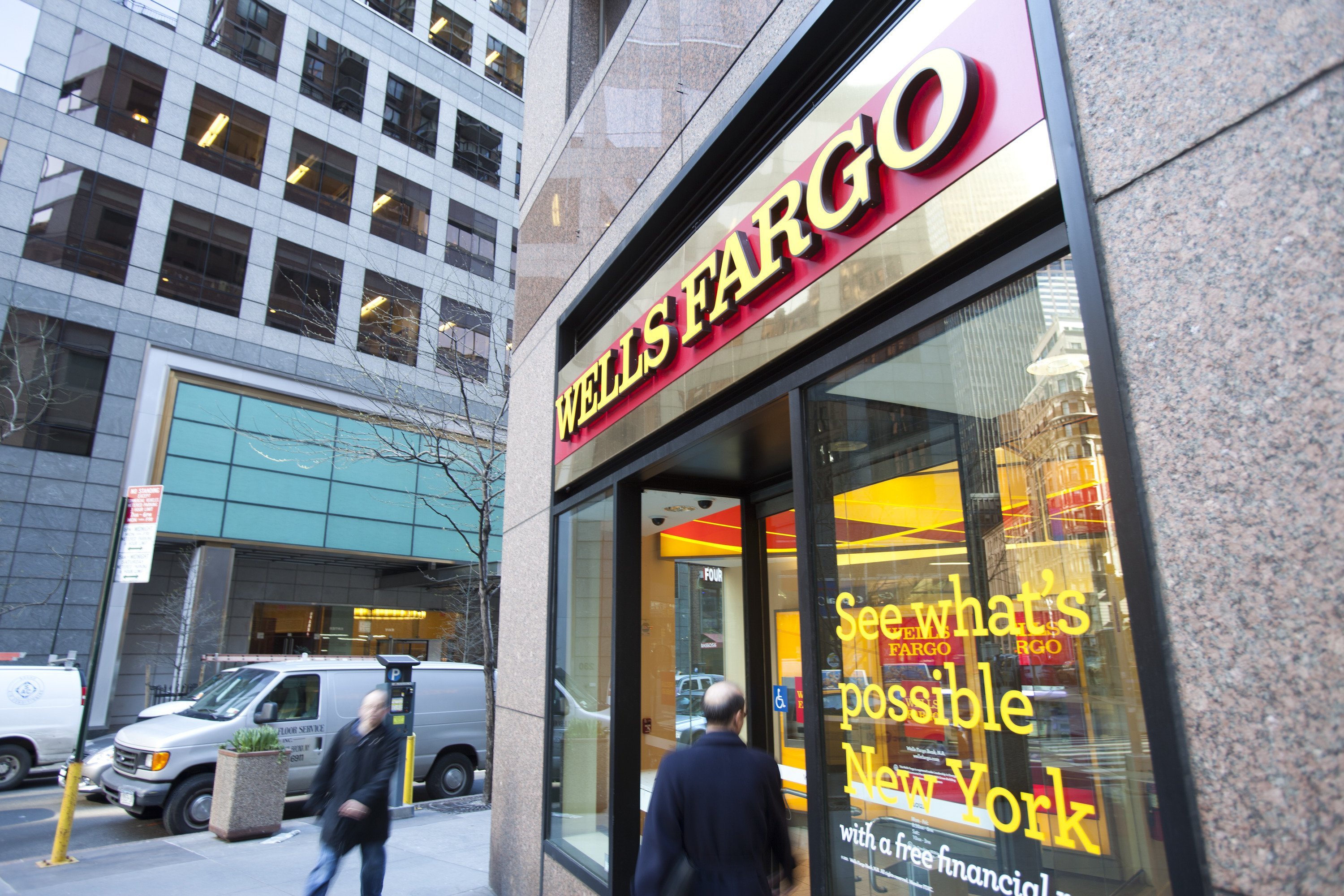 [FILE] A stock photograph showing the exterior of a Wells Fargo bank building in New York, New York.