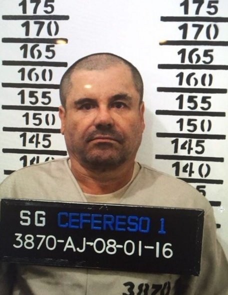 Mugshot of El Chapo after his arrest on January 8, 2016 by the prison he escaped from in summer 2015.  El Chapo has been extradited to the United States, according to a statement by the Mexican Foreign Ministry on January 19, 2017.