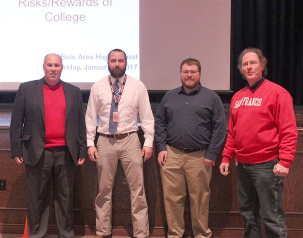 Shown are Dr. Pete Skoner of St. Francis University, DAHS Principal Brian Weible, St. Francis University sophomore and student assistant A.J. Zelenky and DAHS science team coach Douglas Brennan.  (Provided photo)