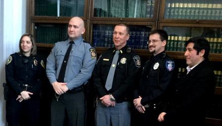 In the photo from left to right are  Julie Curry, patrolman, Lawrence Township Police Department; Scott Sankey, trooper, Pennsylvania State Police; Mike Churner, chief deputy, Clearfield County Sheriff Office; Nathan Curry, patrolman, Clearfield County DUI coordinator; and Tony Scotto, Clearfield County commissioner. (Provided photo)