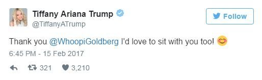 Whoopi Goldberg has offered to sit next to Tiffany Trump during Fashion Week after the first daughter was snubbed at a show. Trump accepted Goldberg's offer in a tweet.