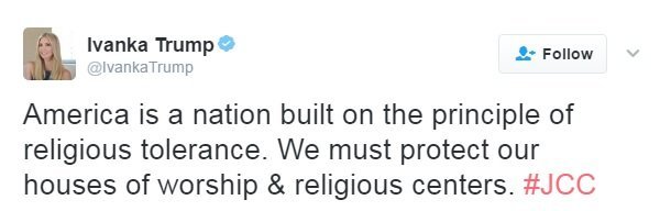 Jewish Community Centers in 27 states and one Canadian province have received nearly 70 bomb threats this year. Ivanka Trump is the first member of the Trump family to respond to these bomb threats in a tweet post.