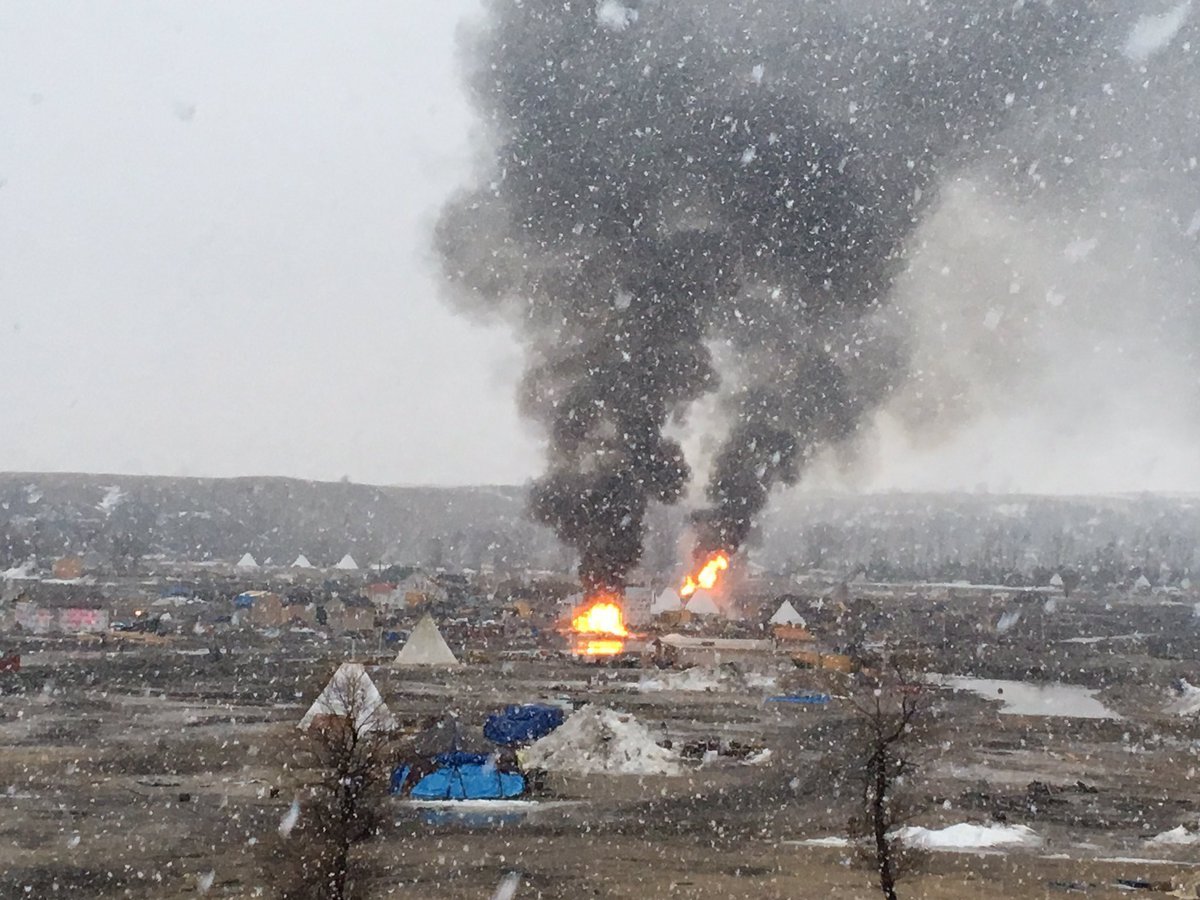 Two tents are on fire at the Oceti Sakowin camp where Dakota Access Pipeline protestors are located. The evacuation deadline is Wednesday, Feb. 22, 2017 and circumstances of the fire are not clear. There was also at least one tent fire yesterday.