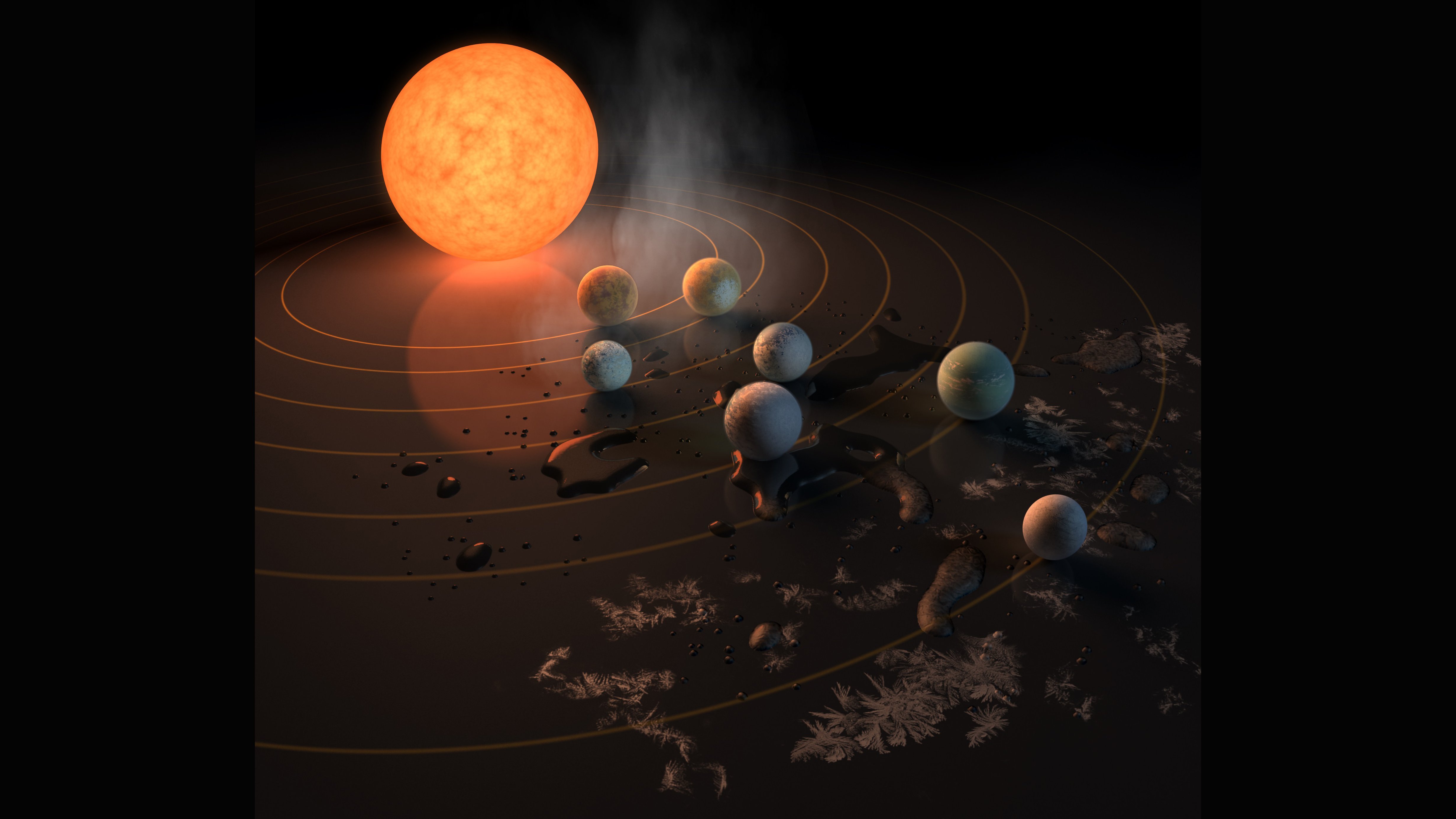 Astronomers have found at least seven Earth-like planets orbiting the same star 40 light-years away, according to a study published Wednesday, Feb. 22, 2017 in the journal Nature. The findings were also announced at a news conference at NASA Headquarters in Washington.