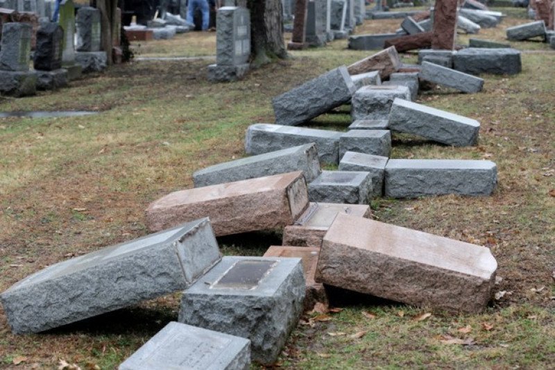 Tombstones were overturned and damaged Saturday night at the Mt. Carmel Cemetery, a Jewish cemetery in Philadelphia, police said Sunday, Feb. 26, 2017.