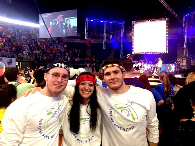 The Penn State DuBois THON Dancers, left to right, Jacob Skubisz, Chanice Britten and Jake Coalmer, on the floor during THON 2017.  (Provided photo)
