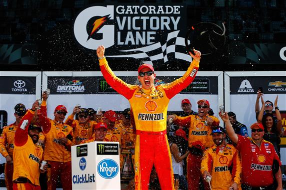 First victory of the Monster Energy era in NASCAR went to Joey Logano.
