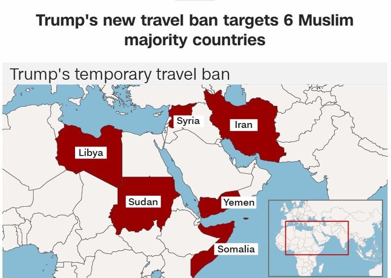 In President Trump's revised travel ban, foreign nationals who are outside the US from Sudan, Syria, Iran, Libya, Somalia and Yemen (without any valid visa) for 90 days.