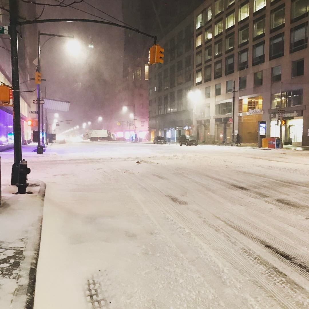 Empty streets after snowfall near Columbus Circle in Midtown Manhattan, New York.