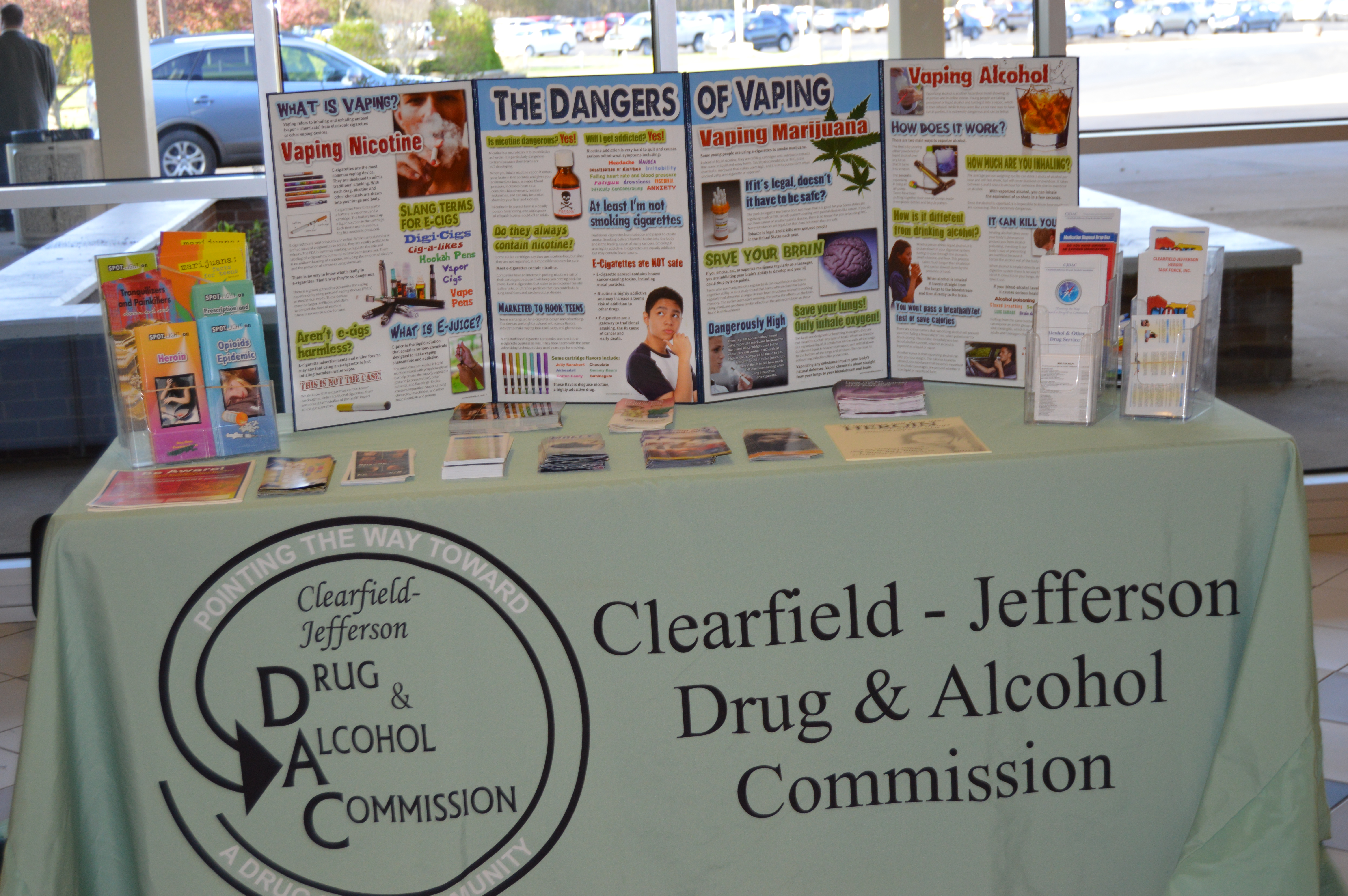 A display from the Clearfield/Jefferson Drug and Alcohol Commission outside the auditorium of the Clearfield Area Junior-Senior High School auditorium provides information about drug and alcohol abuse. The Clearfield Area School Board hosted a public forum Wednesday evening for parents and community members. (Photo by Kimberly Finnigan)