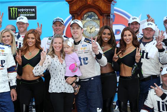 Second win of the season, but the first grandfather clock, for Brad Keselowski.