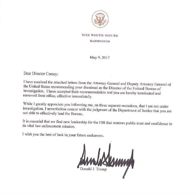 This is the letter President Trump sent to FBI Director James Comey regarding his dismissal on May 9, 2017.