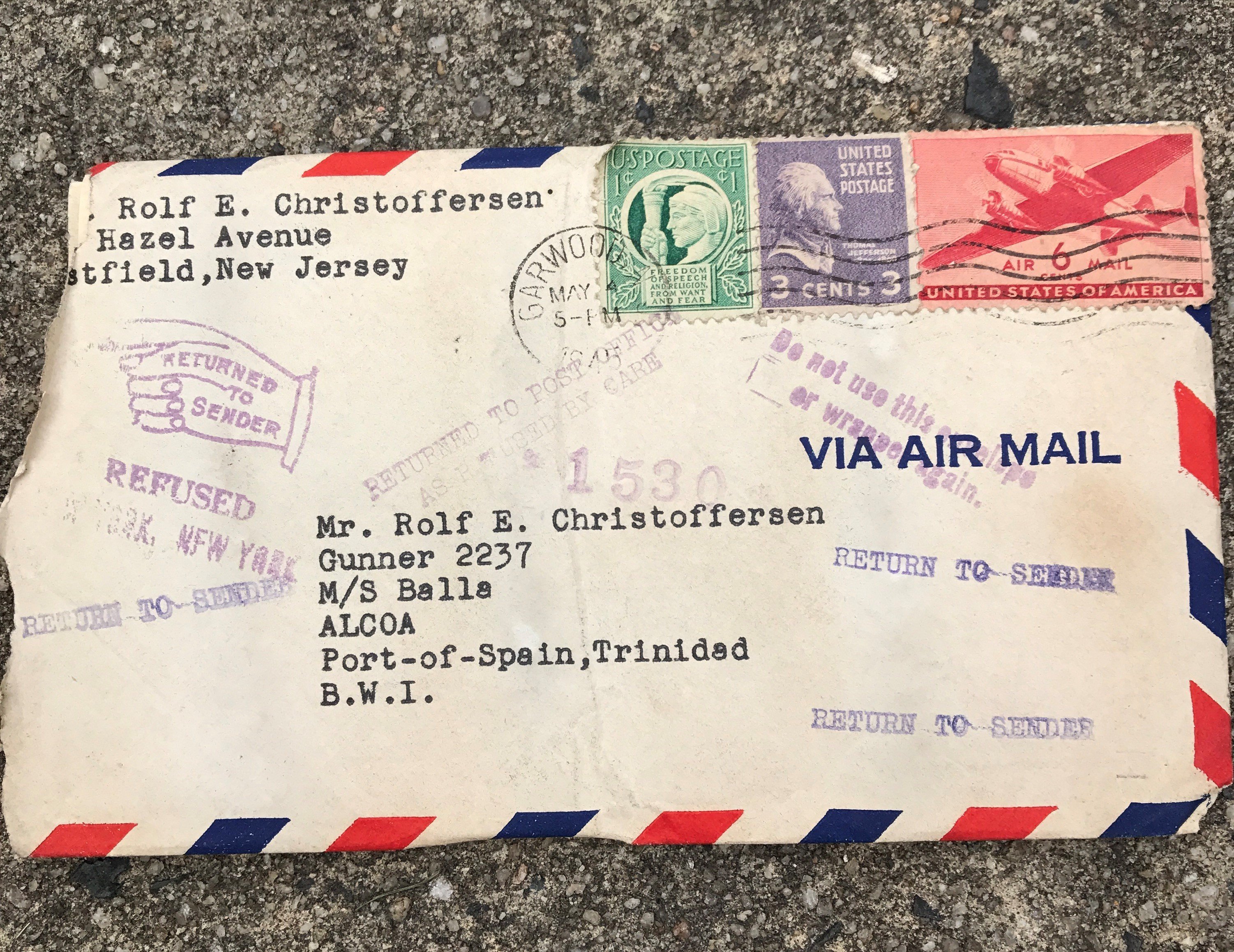 Allen Cook and his daughter Melissa were renovating her house in Westfield, New Jersey when they found a crack in one of the ceilings. They discovered a letter. Three pages and envelope.It was written in 1945 by a woman whose husband was serving overseas.