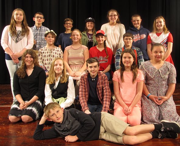 Middle School Drama Club members at DCC pose for a cast photo during a recent after-school rehearsal for their performance of “Screenagers” by Jim and Jane Jeffries on May 21, as part of DCC’s annual Festival of the Arts. (Provided photo)