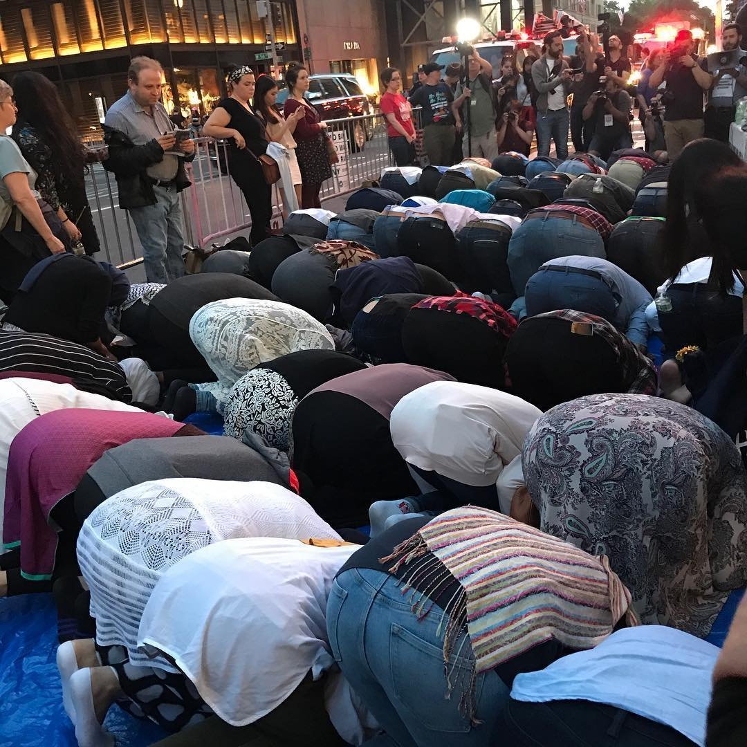 Just as rush hour was winding down, Muslim activists and allies broke fast on the sixth day of Ramadan, June 1, 2017, outside Trump Tower in Manhattan. Two advocacy groups, MPower Change and the New York State Immigrant Action Fund, invited community members Thursday to protest President Donald Trump's continued xenophobic policies.
