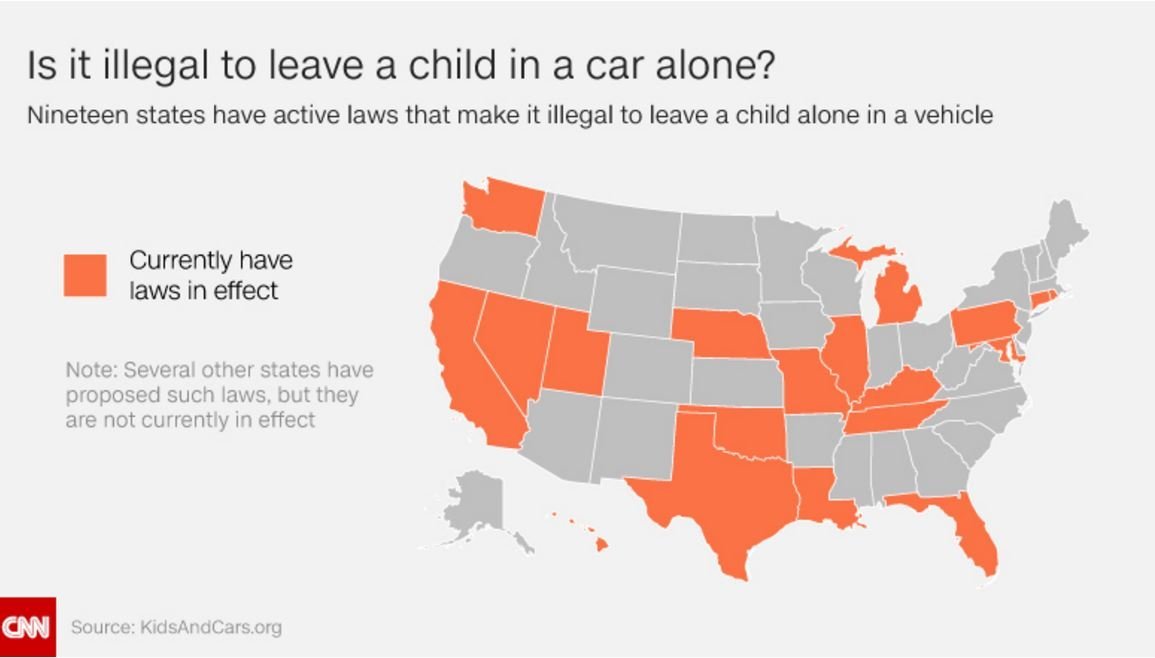 A graphic that shows nineteen states have active laws that make it illegal to leave a child alone in a vehicle.