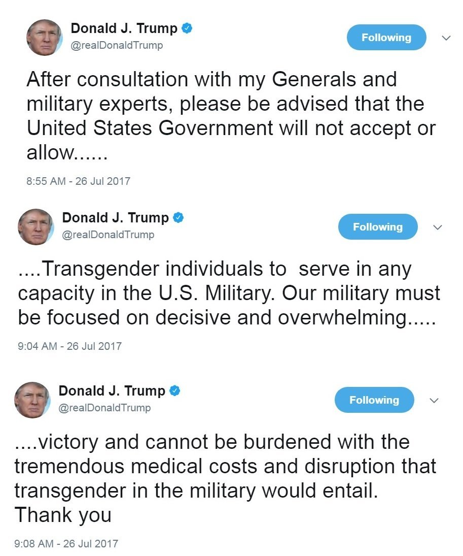 President Donald Trump announced Wednesday, July 26, 2017 that he plans to ban transgender individuals from serving "in any capacity" in the US armed forces.