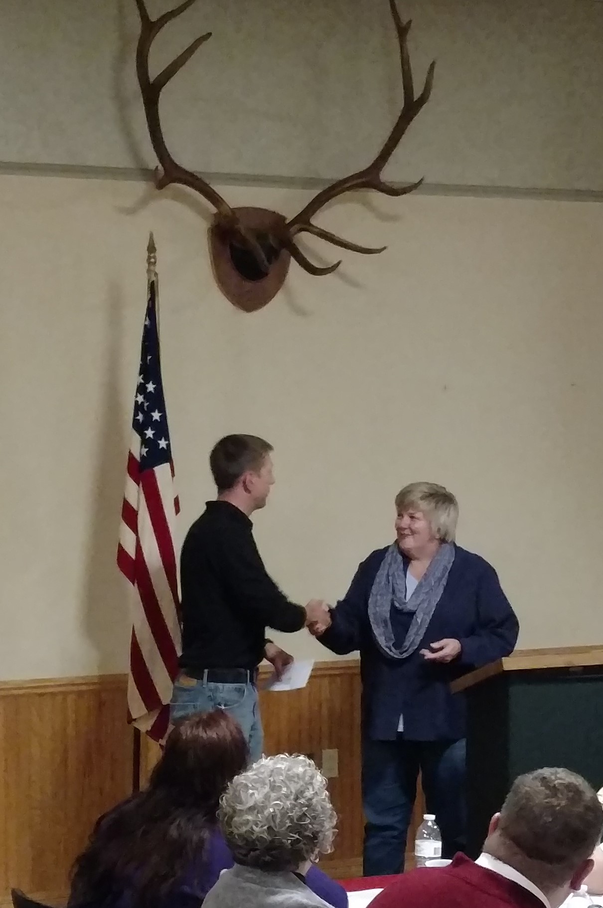 Bev Lawhead, Past Exhalted Ruler left, presents a donation to Jim Mc Corkle, Parker dam and S.B. Elliot state park manager at Tuesday's annual donation dinner at the Benevolent and Protective Order of Elks, Clearfield Lodge #540. Since 1989, the Elks Past Exalted Rulers Association has hosted the High Country Arts and Crafts Fair. Money generated from the fair is then donated to local charities and civic organizations. This year, the Elks donated over $7,000 to organizations in Clearfield and the surrounding areas. (Photo Submitted)