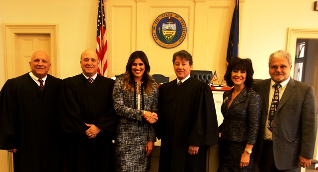 Pictured are Judge John Cherry of Dauphin County; Clearfield County Judge Paul Cherry; Lee Grace Valigorsky; Clearfield County President Judge Fredric Ammerman; and Attorney Toni M. Cherry, Esq. and her husband, Dr. P. Joseph Valigorsky II. (Photo by GANT News Editor Jessica Shirey)